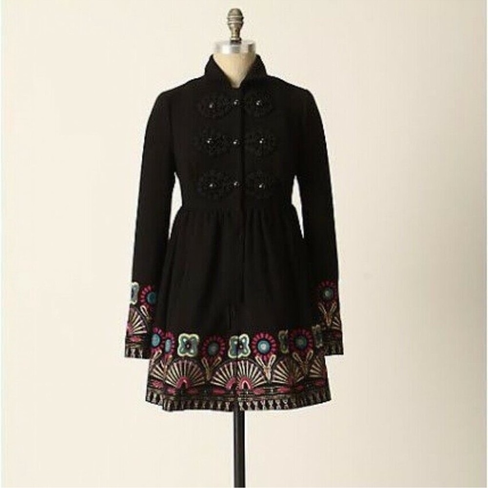 ANTHROPOLOGIE / PLENTY BY TRACY REESE Black Embroidered Elimovna Coat - Sz 4